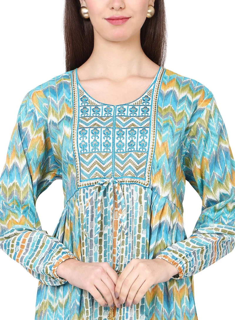 HANA & SARA MULTICOLOUR PRINTED LONG VISCOSE THREAD EMBROIDERY ARABIC KAFTAN JALABIYA DRESS