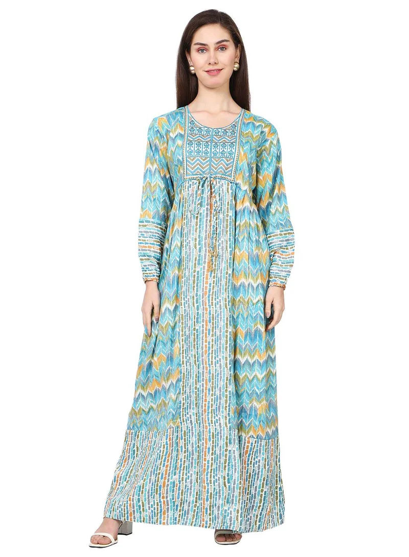 HANA & SARA MULTICOLOUR PRINTED LONG VISCOSE THREAD EMBROIDERY ARABIC KAFTAN JALABIYA DRESS
