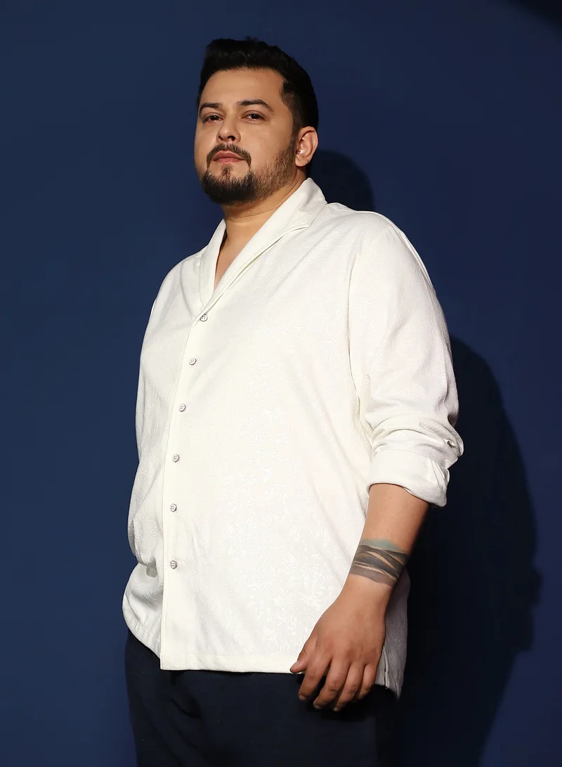 Instafab Plus Instafab Plus Men's Chalk White Corroded-Tactile Shirt For Casual Wear | Spread Collar | Long Cuffed Sleeves | Button Closure | Plus Size Shirt Crafted With Comfort Fit For Everyday Wear