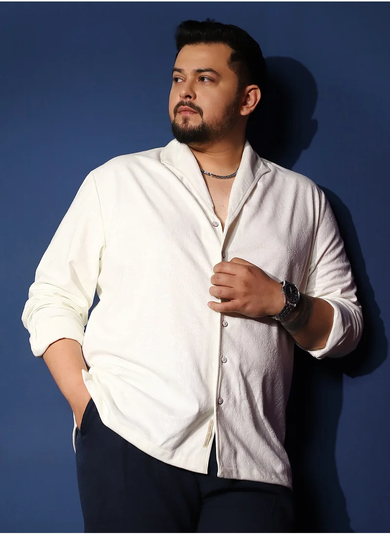 انستافاب بلس Instafab Plus Men's Chalk White Corroded-Tactile Shirt For Casual Wear | Spread Collar | Long Cuffed Sleeves | Button Closure | Plus Size Shirt Crafted With Comfort Fit For Everyday Wear