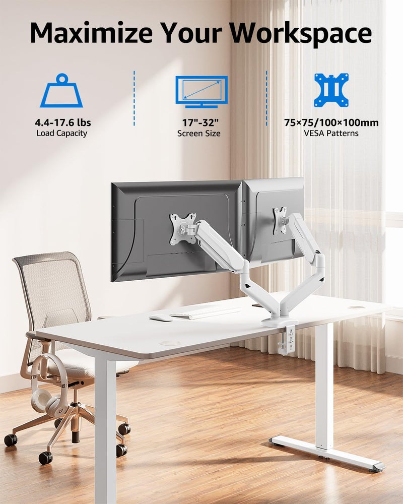 MOUNTUP Dual Monitor Stand for Desk, Monitor Arms for 2 Monitors Max 32 Inches, Height Adjustable Double Monitor Mount, VESA Mount with C-Clamp & Grommet Base, Holds 4.4-17.6lbs, White - Image 2