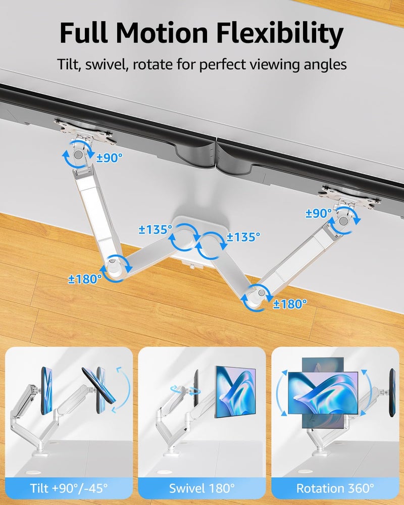 MOUNTUP Dual Monitor Stand for Desk, Monitor Arms for 2 Monitors Max 32 Inches, Height Adjustable Double Monitor Mount, VESA Mount with C-Clamp & Grommet Base, Holds 4.4-17.6lbs, White - Image 5