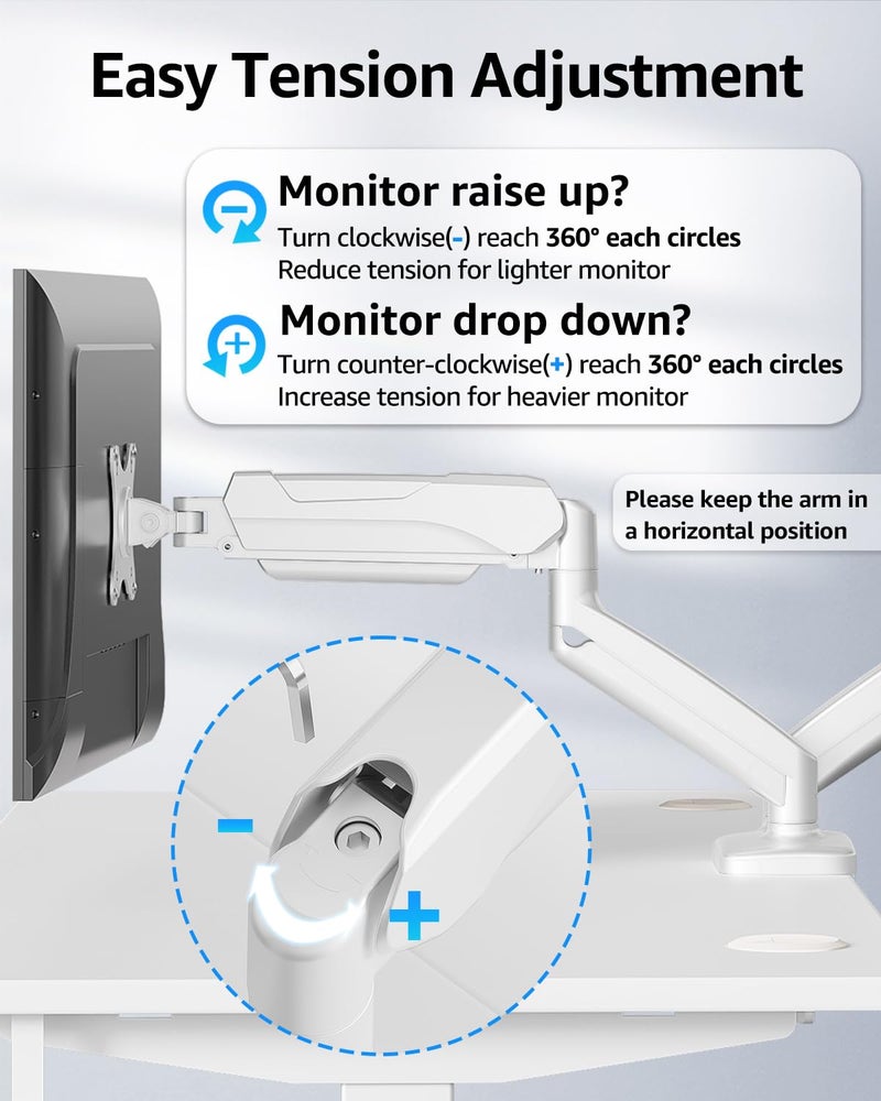 MOUNTUP Dual Monitor Stand for Desk, Monitor Arms for 2 Monitors Max 32 Inches, Height Adjustable Double Monitor Mount, VESA Mount with C-Clamp & Grommet Base, Holds 4.4-17.6lbs, White - Image 3