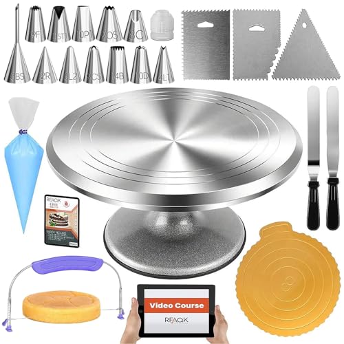 RFAQK 50PCs Cake Decorating Supplies Kit with 12" Aluminum Rotating Cake Turntable Stand, Professional Leveler, Straight & Offset Spatulas, 12 Numbered Icing Tips & Bags - Image 1