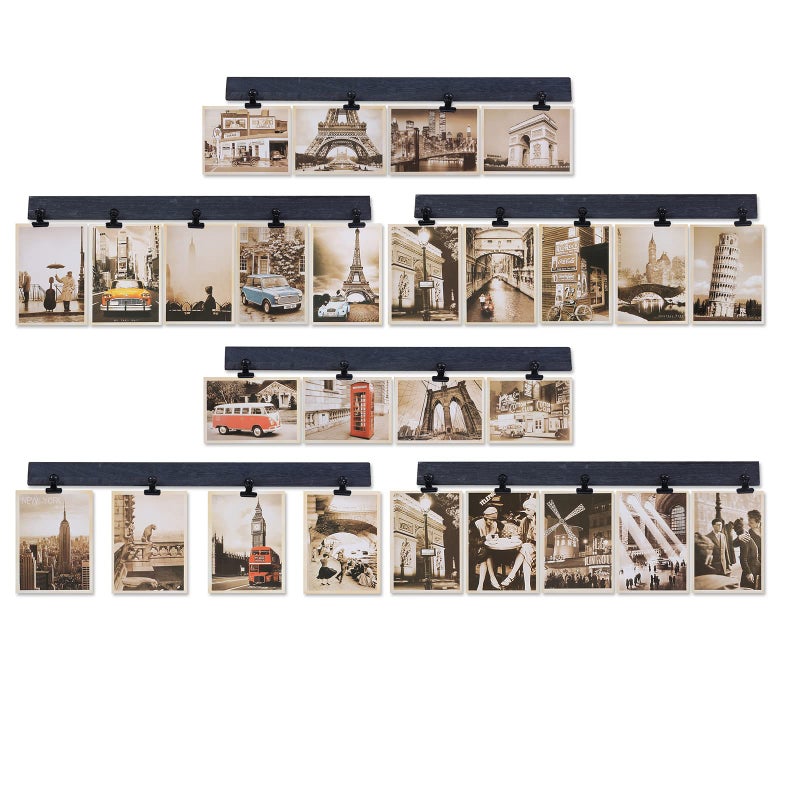 Aiyome 6 Picture Frames Collage Wall Decor With 30 Clips, Wood Photo Frame, No Drilling Required, Adhesive Stickers, Easy to Install, Black. - Image 1