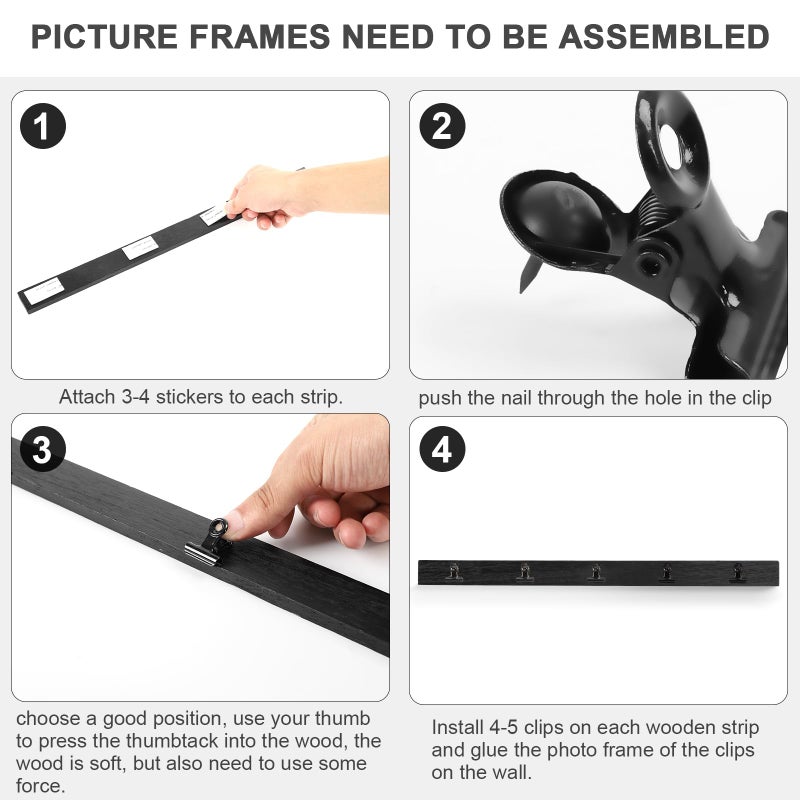 Aiyome 6 Picture Frames Collage Wall Decor With 30 Clips, Wood Photo Frame, No Drilling Required, Adhesive Stickers, Easy to Install, Black. - Image 5