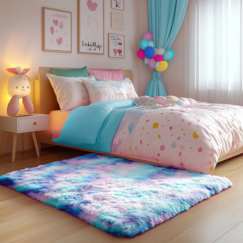 PAGISOFE Cute Furry Pastel Rug for Girls Bedroom, Soft Adorable Rainbow Purple Tent Rugs for Livingroom, Kid Room,Playroom Nursery Home Decor,Plush Mermaid Kawaii Rug Fluffy Carpet 4x6 Area Rug Sturdy - Image 3