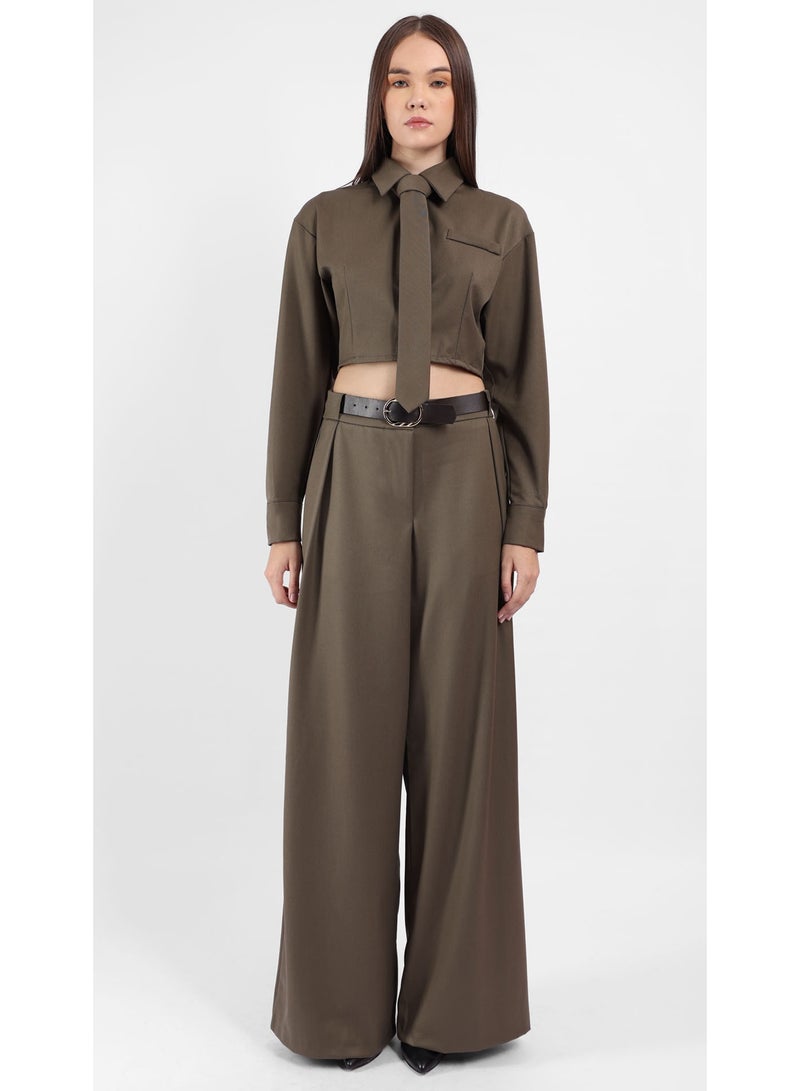 KYVELi Women’s Two-Piece Tailored Set – Cropped Long Sleeve Shirt with Tie & Wide-Leg Pants - Olive - Image 2