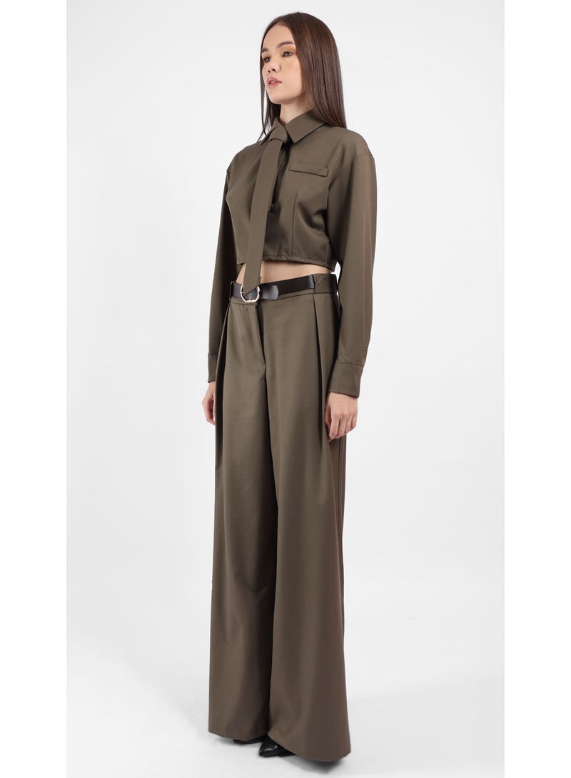 KYVELi Women’s Two-Piece Tailored Set – Cropped Long Sleeve Shirt with Tie & Wide-Leg Pants - Olive - Image 3