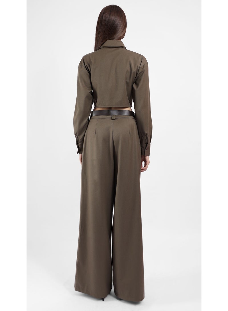 KYVELi Women’s Two-Piece Tailored Set – Cropped Long Sleeve Shirt with Tie & Wide-Leg Pants - Olive - Image 5