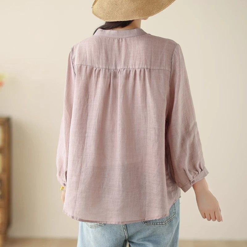 Women's Cotton Linen Stand Collar Three-Quarter Sleeve Loose Shirt - Image 4