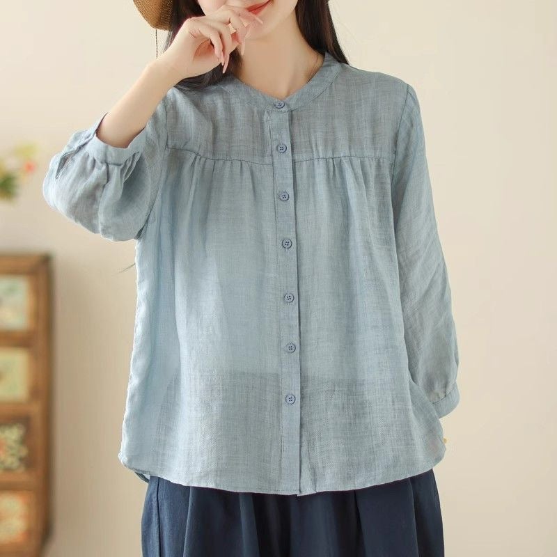 Women's Cotton Linen Stand Collar Three-Quarter Sleeve Loose Shirt - Image 2