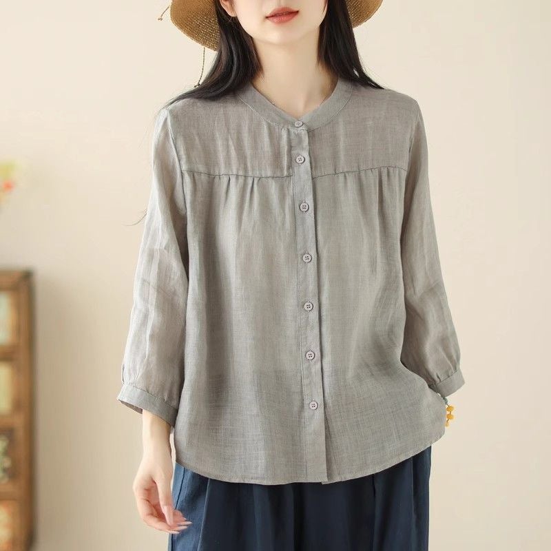 Women's Cotton Linen Stand Collar Three-Quarter Sleeve Loose Shirt - Image 1