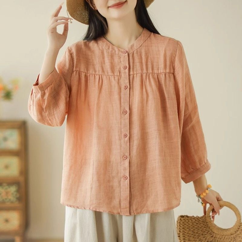 Women's Cotton Linen Stand Collar Three-Quarter Sleeve Loose Shirt - Image 3