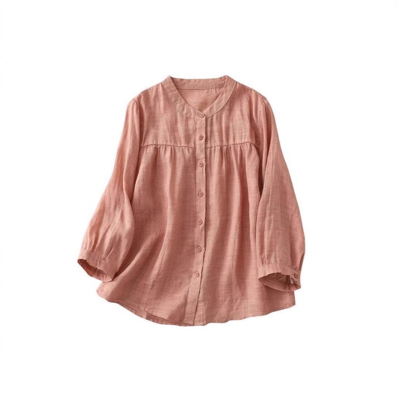 Women's Cotton Linen Stand Collar Three-Quarter Sleeve Loose Shirt - Image 5