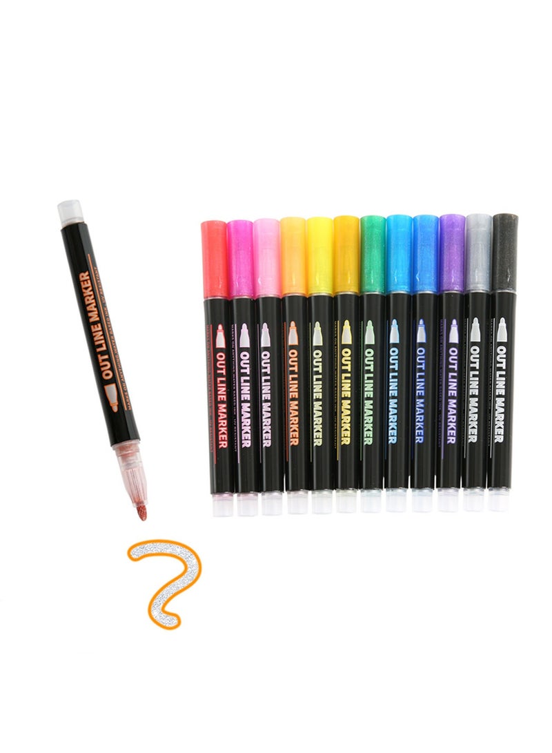 12 Colors Double Line Outline Pens Outline Markers Self-Outline Metallic Markers for Kids Double Line Pen for Art, Drawing, Greeting Cards, Crafts, Posters, Painting, Kid Journal, Self Journal - Image 2