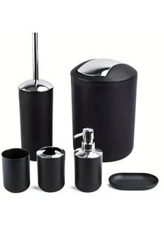 RAQTA 6-Piece Black Bathroom Accessory Set | Modern Plastic Set with Soap Dispenser, Toilet Brush, Toothbrush Holder, Cup, Dish & Trash Can  - Image 1