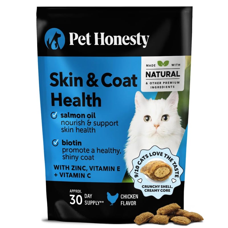 Pet Honesty Cat Skin & Coat Health Chews â€“ Crunchy & Creamy Treats with Omegas, Vitamin C & E, Biotin â€“ Soothes Itchy, Dry Skin, Reduces Shedding & Promotes a Shiny Coat â€“ Cat Vitamins (Chicken 30-Day Supply) - Image 1
