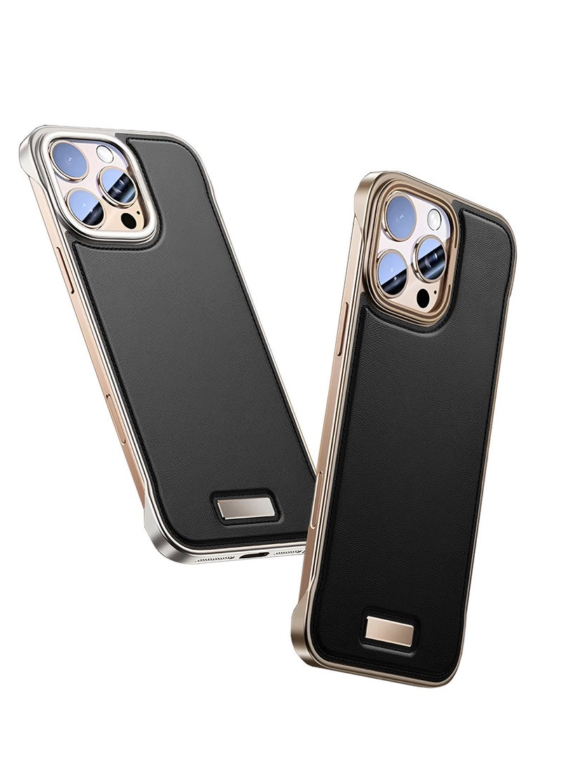 Wtech Apple iPhone 16 Pro 5G 2024 Luxury Leather Thin Metal Phone Case, Anti-Fallen Cover Without Frame Light Phone Shield Case Cover - Black - Image 1