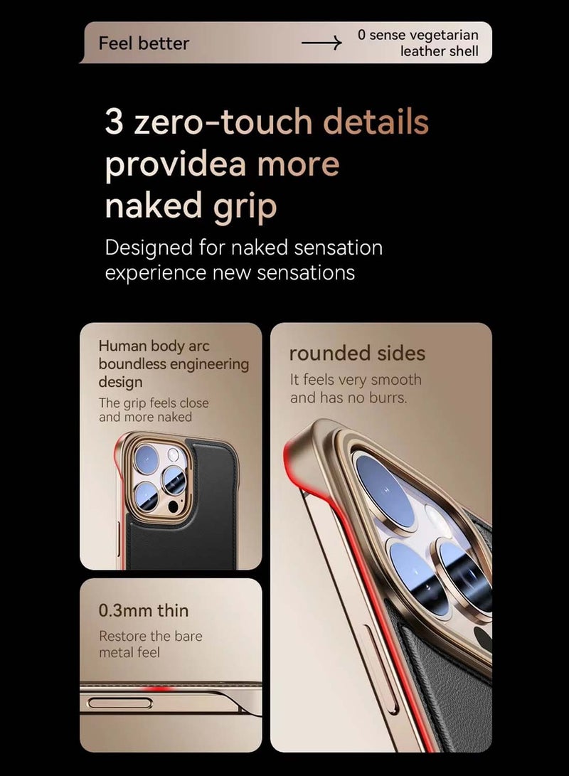 Wtech Apple iPhone 16 Pro 5G 2024 Luxury Leather Thin Metal Phone Case, Anti-Fallen Cover Without Frame Light Phone Shield Case Cover - Black - Image 2