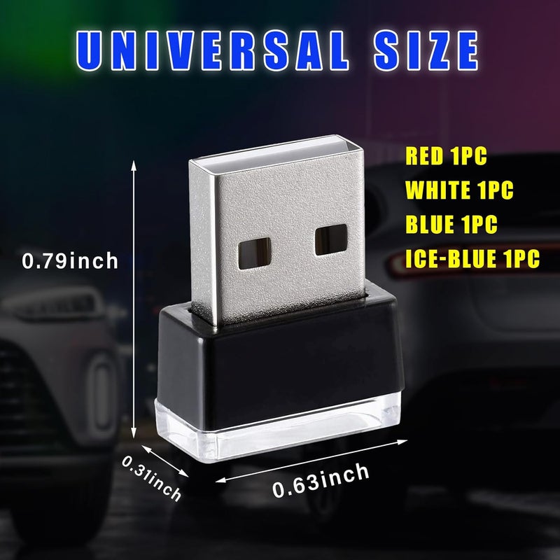 Augeny 4 PCS USB LED Car Interior Atmosphere Lamp, Plug-in USB Decor Night Light, Portable Auto Ambient Lighting Kit, Universal Vehicle Interior Accessories for Most Cars (White+Red+Blue+Ice Blue) - Image 2