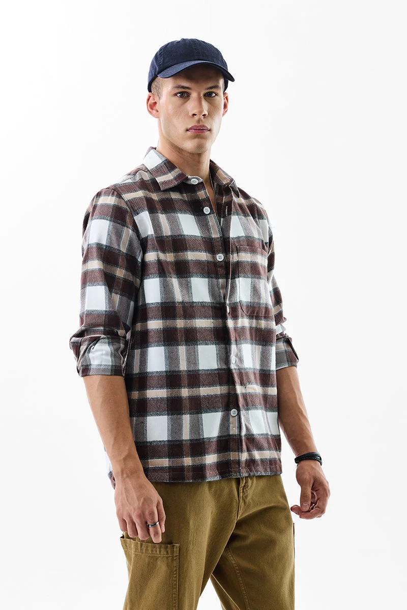 سنيتش Brown Checkered Long Sleeve Boxy Casual Shirt