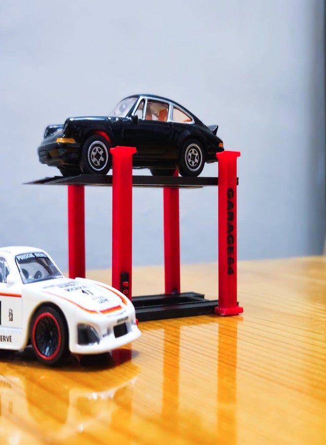 Garage64 رافعة سيارات من طبقتين بمقياس 1/64 من Garage64، ملحق ديوراما جراج مصبوب لسيارات Hot Wheels و Matchbox و Greenlight - رافعة عرض سيارات من طبقتين مع أعمدة حمراء وقاعدة سوداء، مجموعة من قطعتين (أحمر-أسود) - Image 3