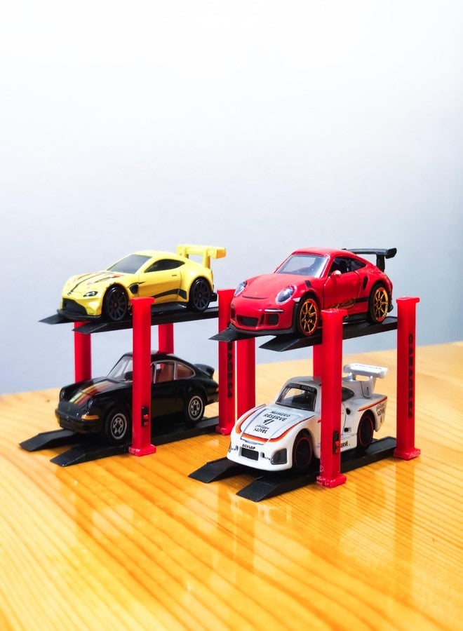 Garage64 رافعة سيارات من طبقتين بمقياس 1/64 من Garage64، ملحق ديوراما جراج مصبوب لسيارات Hot Wheels و Matchbox و Greenlight - رافعة عرض سيارات من طبقتين مع أعمدة حمراء وقاعدة سوداء، مجموعة من قطعتين (أحمر-أسود) - Image 1