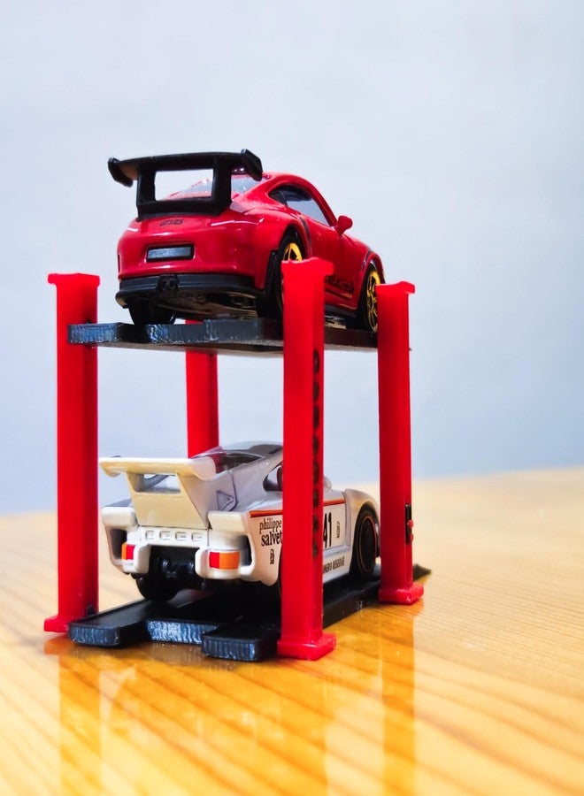 Garage64 رافعة سيارات من طبقتين بمقياس 1/64 من Garage64، ملحق ديوراما جراج مصبوب لسيارات Hot Wheels و Matchbox و Greenlight - رافعة عرض سيارات من طبقتين مع أعمدة حمراء وقاعدة سوداء، مجموعة من قطعتين (أحمر-أسود) - Image 5
