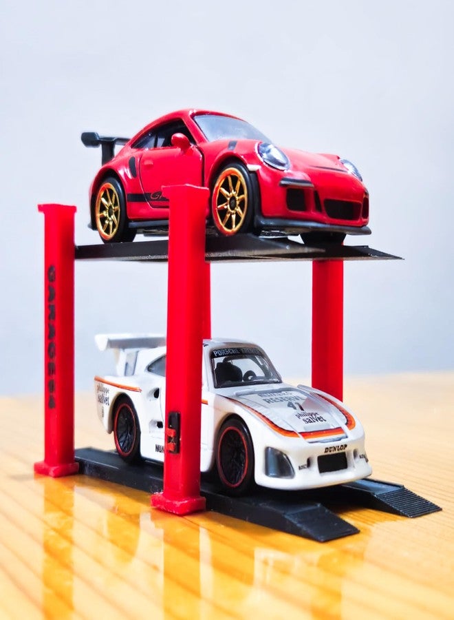 Garage64 رافعة سيارات من طبقتين بمقياس 1/64 من Garage64، ملحق ديوراما جراج مصبوب لسيارات Hot Wheels و Matchbox و Greenlight - رافعة عرض سيارات من طبقتين مع أعمدة حمراء وقاعدة سوداء، مجموعة من قطعتين (أحمر-أسود) - Image 4