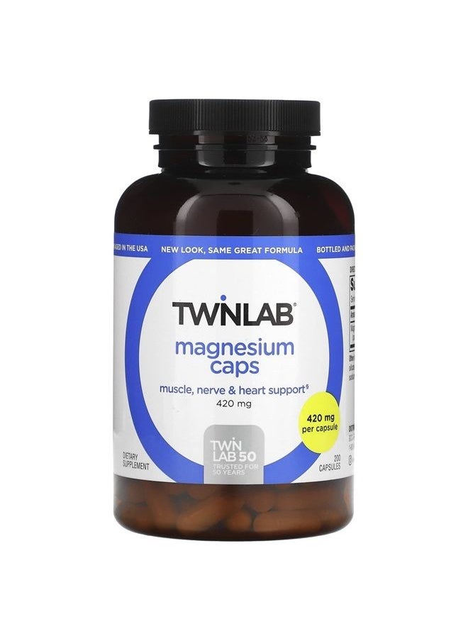 Twinlab Magnesium Caps - High Absorption Magnesium Supplement to Support Leg Cramps Relief - Magnesium Capsules for Stress Relief, 420 mg, 200 Count, 1 Pack  - Image 1