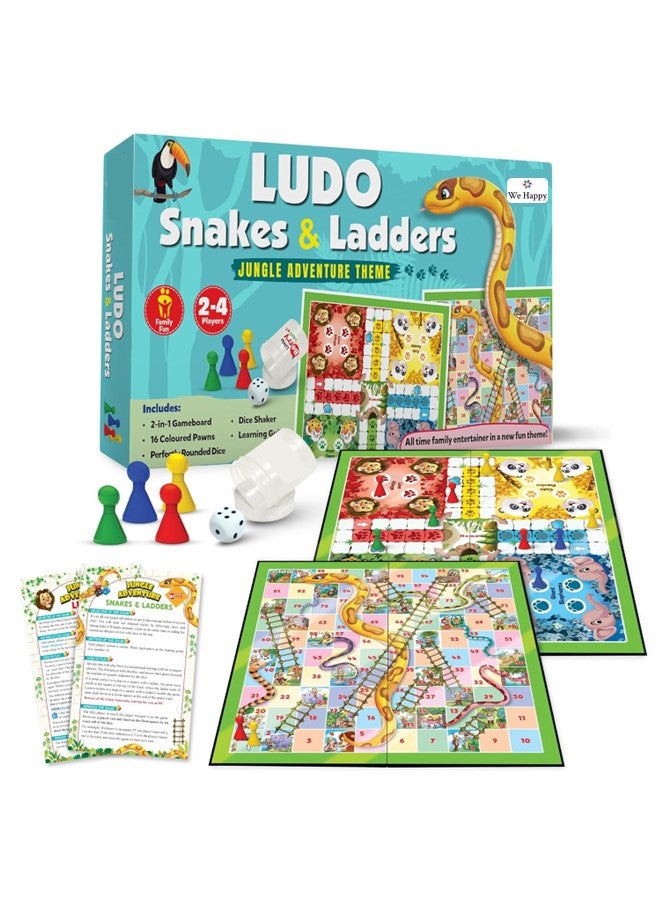 We Happy 2-in-1 Ludo and Snakes Ladders Board Game Set Jungle Adventure Theme- 4 Players Fun Family Game with Dice Shaker - Foldable 14 inch Travel Gameboard Toy - Image 1