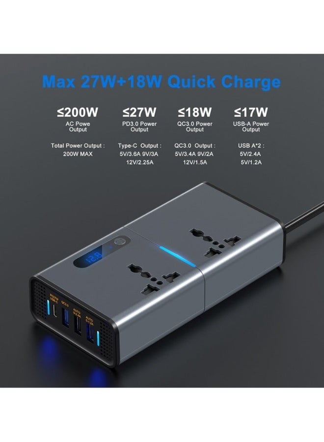 Imteaz 200W Car Power Inverter, DC 12V to 220V AC Car Inverter Suitable for Cars & SUVs with 2 AC Outlets, 3 USB, 1 Type C Port and LED display (Silver Grey) - Image 2