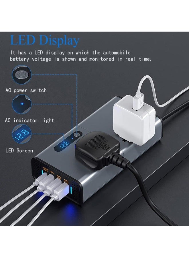 Imteaz 200W Car Power Inverter, DC 12V to 220V AC Car Inverter Suitable for Cars & SUVs with 2 AC Outlets, 3 USB, 1 Type C Port and LED display (Silver Grey) - Image 3