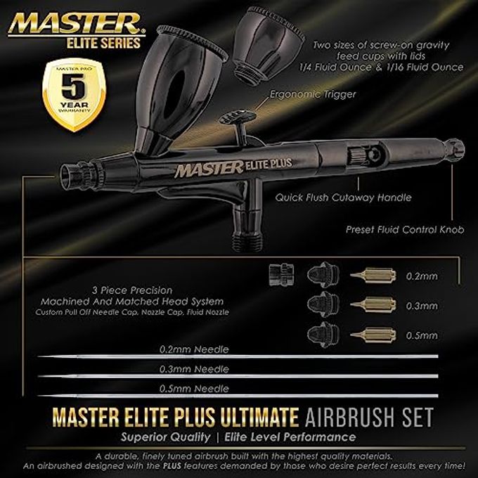Master Airbrush Master Elite Plus Ultimate Airbrush Set, Model 120 Elite Level Spray Performance Dual-Action Gravity Feed Airbrush Kit With 3 Tips 0.2, 0.3 And 0.5 Mm, 2 Cups, Filter, Case Auto Art Cake Hobby - Image 5