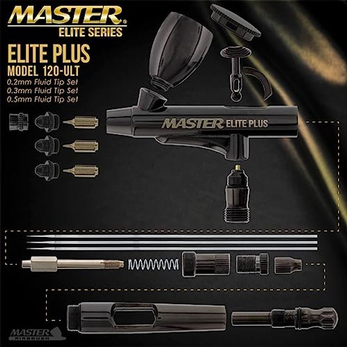 Master Airbrush Master Elite Plus Ultimate Airbrush Set, Model 120 Elite Level Spray Performance Dual-Action Gravity Feed Airbrush Kit With 3 Tips 0.2, 0.3 And 0.5 Mm, 2 Cups, Filter, Case Auto Art Cake Hobby - Image 3