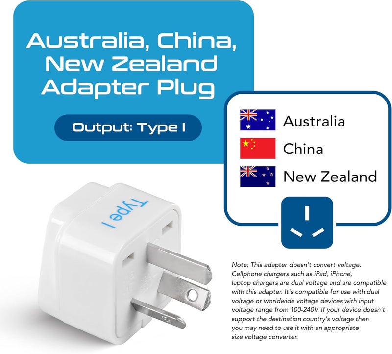 Ceptics Australia, China, New Zealand Travel Plug Adapter (Type I) - 3 Pack [Grounded & Universal] (GP-16-3PK) - Image 2