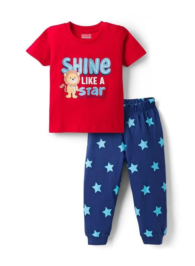 Babyhug Babyhug Cotton Knit Half Sleeves Animal & Star Printed Pajama Night Suit - Red