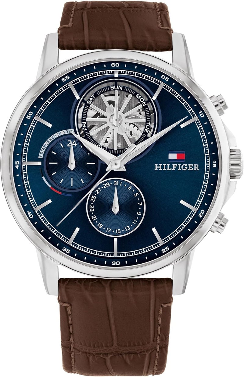 Tommy Hilfiger Men's Navy Dial Watch with Brown Leather Strap - Image 1