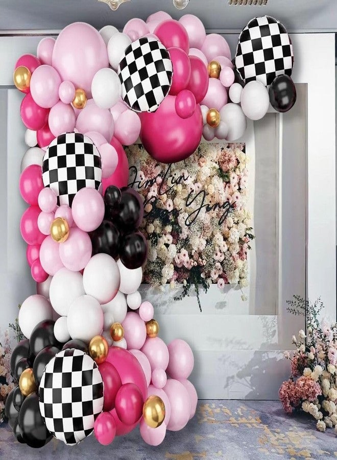 Uniquer Pink Race Car Balloon Arch Kit,Hot Pink White Black Balloons Garland Kit with Black White Plaid Foil Balloons for Racing Car Theme Birthday Party - Image 3