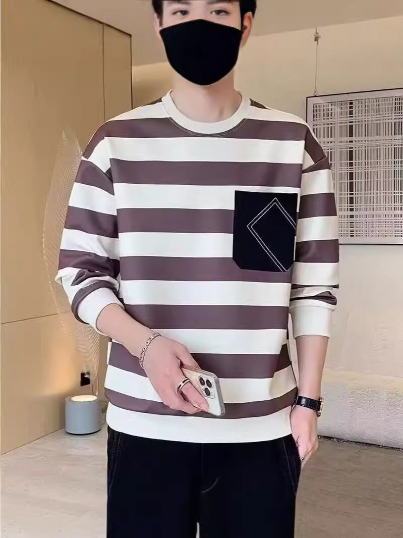 American Style Retro Long-Sleeved T-Shirt Men'S Striped Trendy Brand Loose Pocket Top Casual All-Match Sweater Base Shirt - Image 4