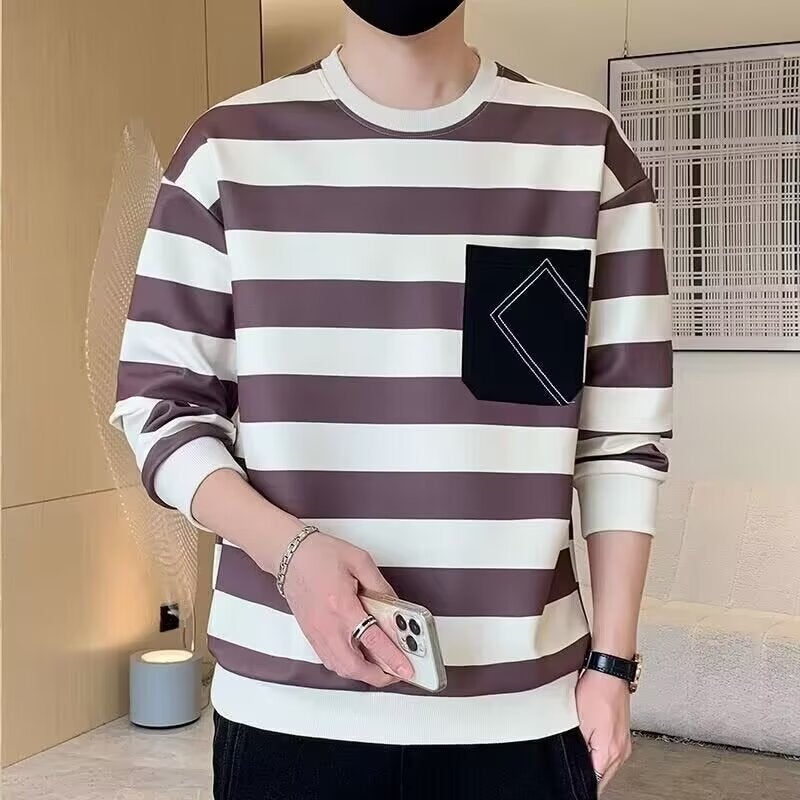 American Style Retro Long-Sleeved T-Shirt Men'S Striped Trendy Brand Loose Pocket Top Casual All-Match Sweater Base Shirt - Image 1