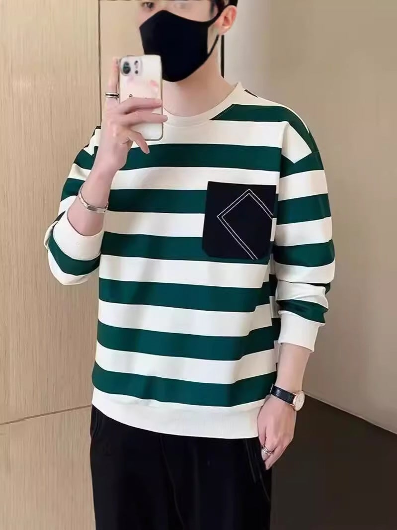American Style Retro Long-Sleeved T-Shirt Men'S Striped Trendy Brand Loose Pocket Top Casual All-Match Sweater Base Shirt - Image 3