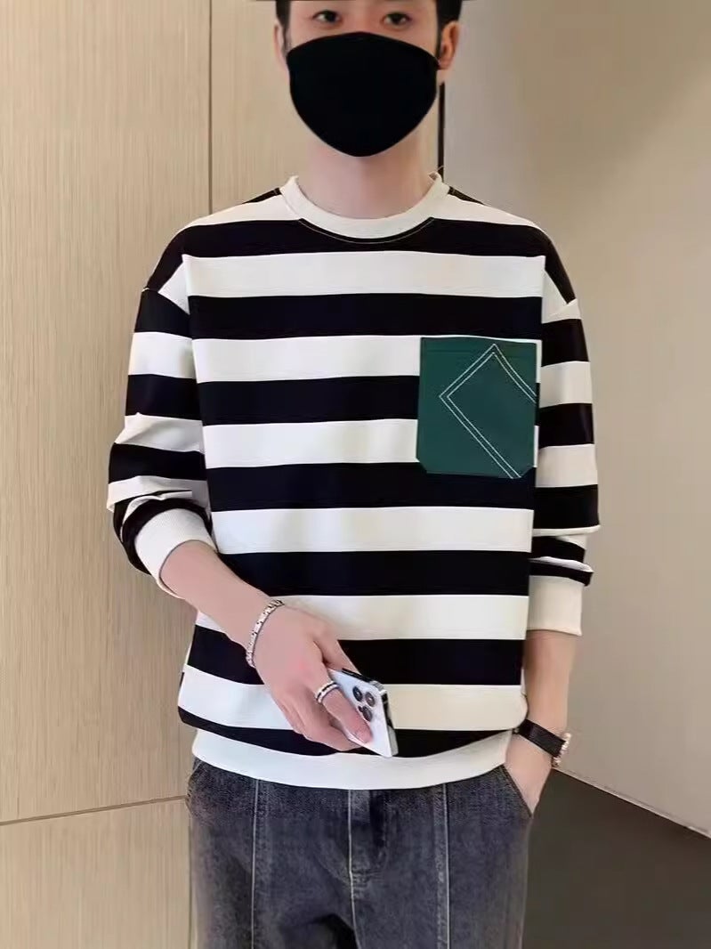 American Style Retro Long-Sleeved T-Shirt Men'S Striped Trendy Brand Loose Pocket Top Casual All-Match Sweater Base Shirt - Image 2