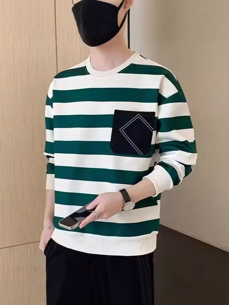 American Style Retro Long-Sleeved T-Shirt Men'S Striped Trendy Brand Loose Pocket Top Casual All-Match Sweater Base Shirt - Image 5
