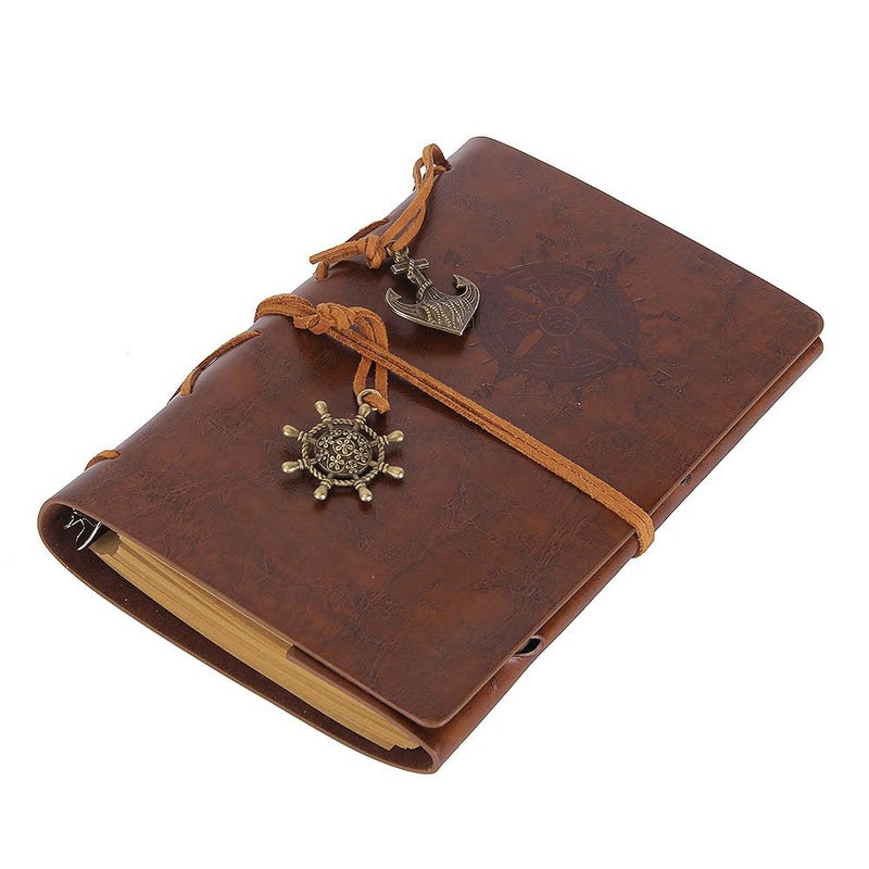 EvZ Leather Writing Journal Notebook, 7 Inches Vintage Nautical Spiral Blank String Diary Notepad Sketchbook Travel to Write in, Unlined Paper, Retro Pendants, Classic Embossed, Retro Brown - Image 3