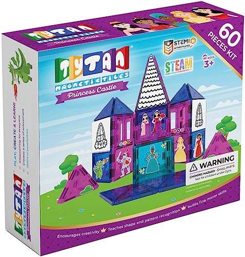Tytan Tiles Princess Castle 60Piece Magnetic Tiles Building Set Adorable Kids STEM Toy Creative Play Shape  Pattern Recognition Fine Motor Skills Includes Storage Bag Ages 3 and Up - Image 1