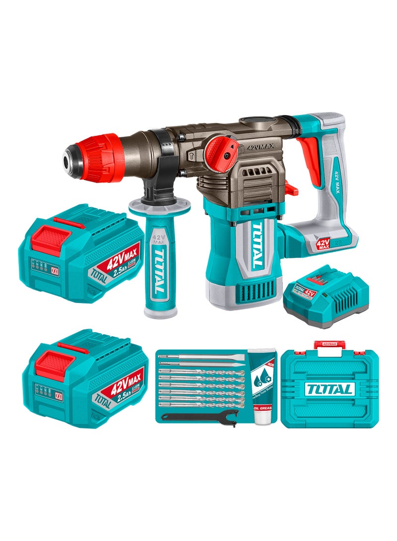 توتال مطرقة دوارة لاسلكية بدون فرش من توتال 42 فولت (طاقة صدمية 4.5 جول) - مثقاب خرسانة SDS Plus للخدمة الشاقة (سعة 28 مم)، بطاريتان سعة 2.5 أمبير/ساعة، مجموعة مثقاب من 8 قطع وشاحن سريع - TRHLI422882 - Image 1