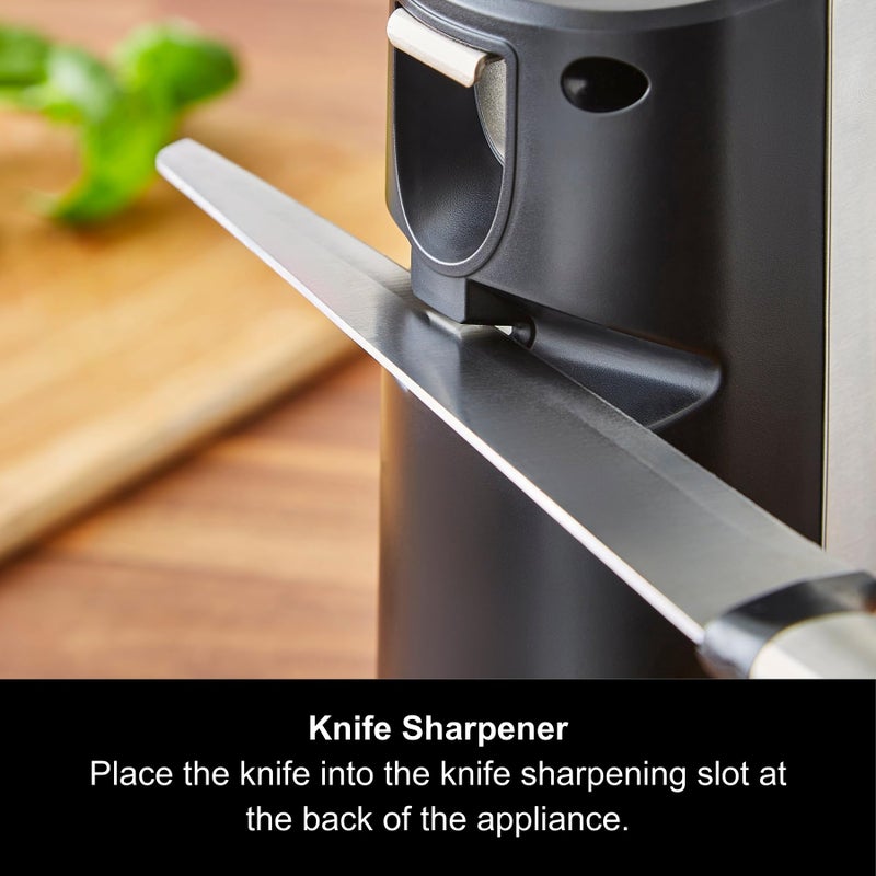Morphy Richards 3-in-1 Electric Tin Can Opener, Knife Sharpener and Bottle Cap Remover, Magnetic Lid Holder, Hands Free, Safe Cleaning, Automatic Start and Stop, Cord Storage, Stainless Steel, 432030 - Image 4