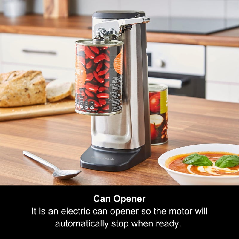Morphy Richards 3-in-1 Electric Tin Can Opener, Knife Sharpener and Bottle Cap Remover, Magnetic Lid Holder, Hands Free, Safe Cleaning, Automatic Start and Stop, Cord Storage, Stainless Steel, 432030 - Image 2